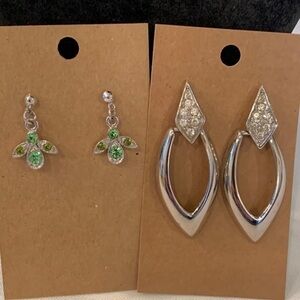 💐5/25 2 pair earrings silver tone door knocker delicate rhinestone crystal